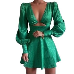 Seven Wonders Emerald Green Floral Jacquard Cutout Mini Dress Long Sleeve Size M